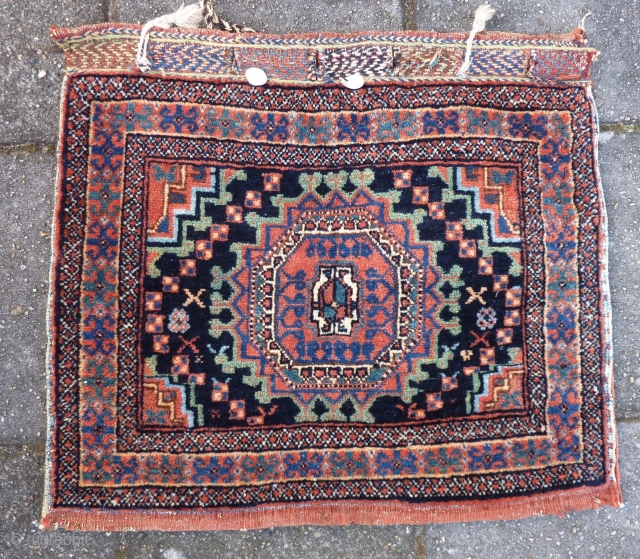 Afshar Bag with salor gul, 48  x 56 cm., 19" x 22", in full pile. Two shells attached. Knotted on warps of mixed goat hair and cotton strands. Natural dyes and  ...