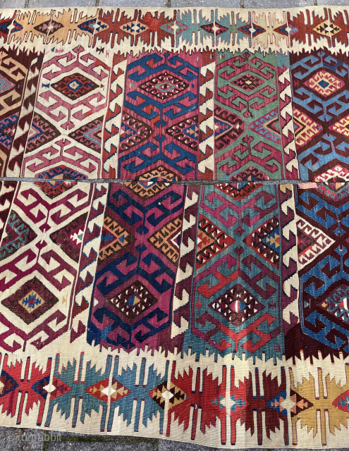 Antique Turkish Malatya Kilim, 324 x 154 cm., end 19th c. Lovely colour harmony, all natural dyes. Over all in good condition, apart from an area with slight wear and tiny damages  ...
