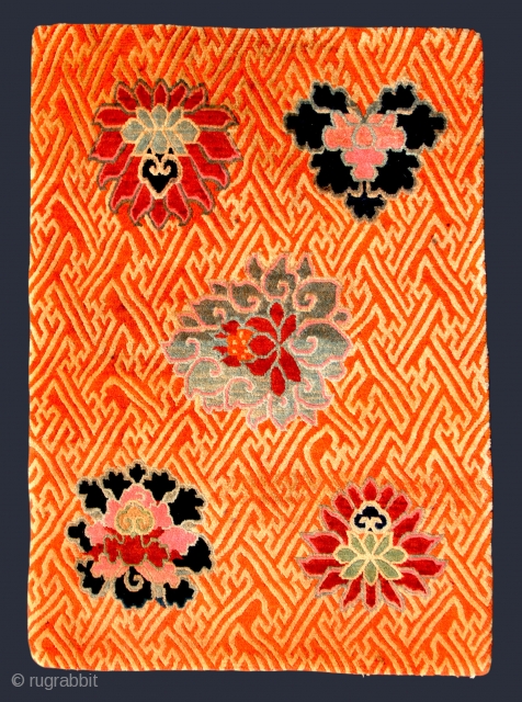 Tibetan Carpet  (TC 23)
33 1/2”  X  23 3/4” - early ~ mid 20th c.
Rectangular carpet with yellow & orange grid with floral features in design.  Thick pile in  ...