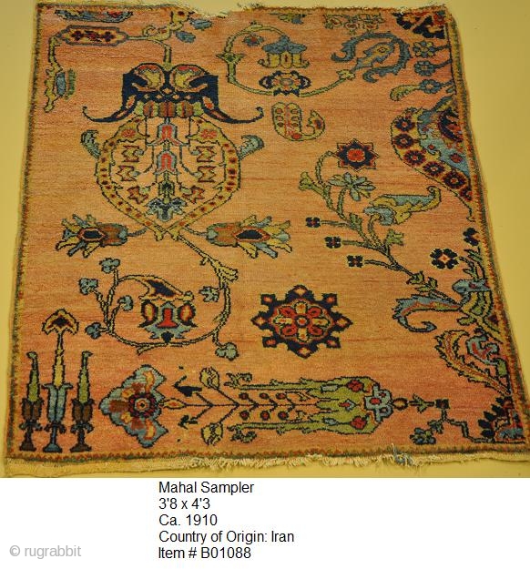 Mahal Sampler
3.08 x 4.03
Ca. 1910
Country of Origin: Iran
Item # B01088                       