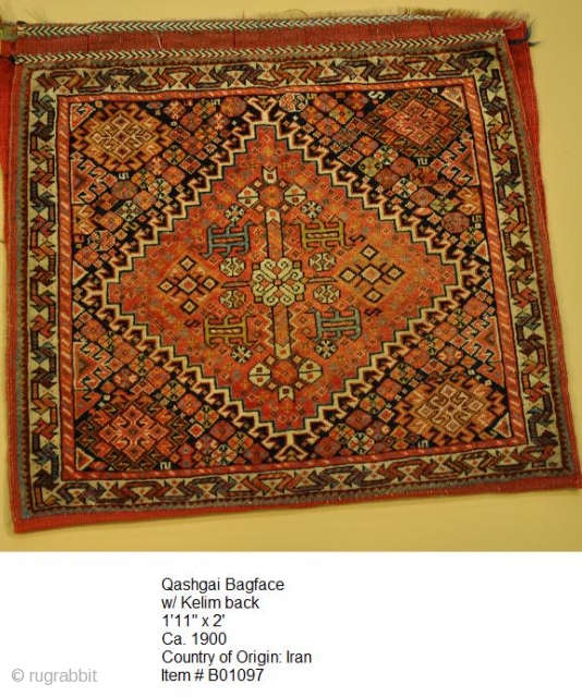Qashgai Bagface w/ Kelim Back
1.11 x 2.0
Ca. 1900
Country of Origin: Iran
Item # B01097                    