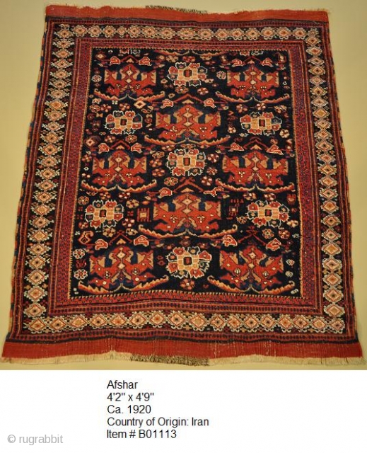 Afshar 
4.02 x 4.09
Ca. 1920
Country of Origin: Iran
Item # B01113                       