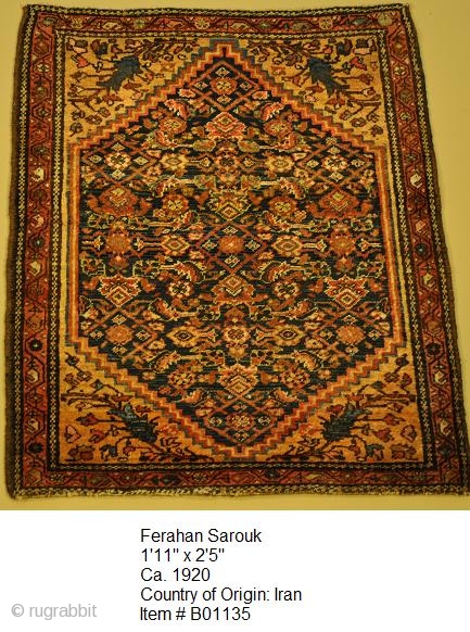 Ferahan Sarouk
1.11 x 2.05
Ca. 1920
Country of Origin: Iran
Item # B01135                       