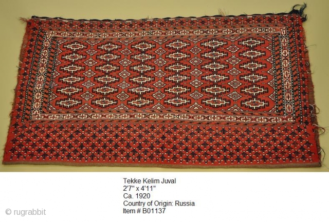 Tekke Kelim Juval
2.07 x 4.11
Ca. 1920
Country of Origin: Russia
Item # B01137                      