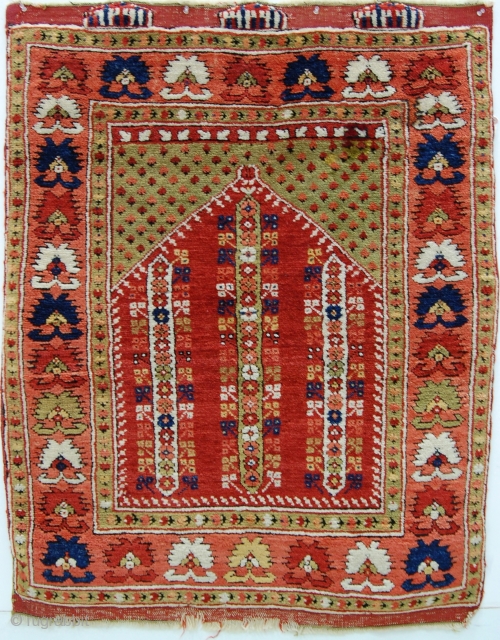 
Northwest Anatolian rug, 3'x3'9"/ 90x112cm,  full pile, original ends and sides. Two small poorly done repairs, but otherwise very nice condition.           