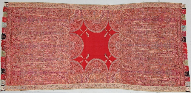 Kashmir shawl, good condition overall, recently cleaned and conserved at our facility. 4'6"x10'/ 135x300 cm, pieced construction.                