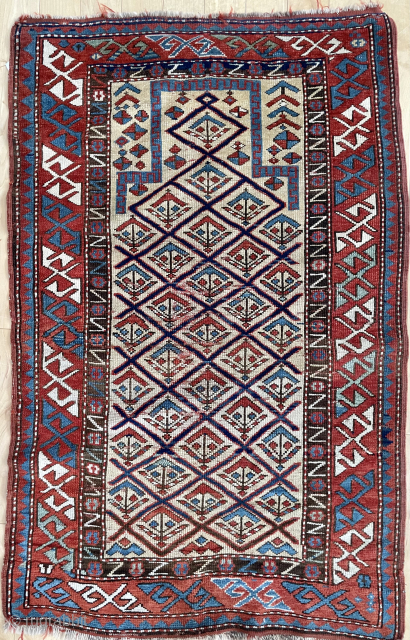 2’6” X 4’2”  Baby Kazak prayer, soft gold field, decent shape, ‘floating’ mihrab, $850 (#13787) Please email office@mannrugs.com              