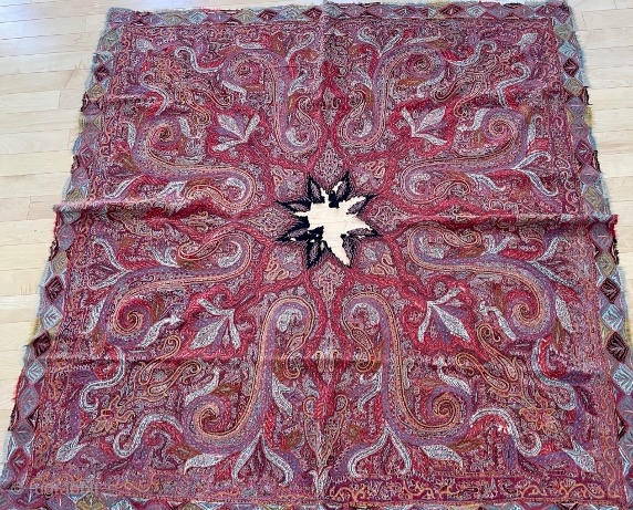 5’6” x 5’6”  / 165cm x 165cm Kashmir embroidered shawl, damaged center panel, otherwise good, could be easily restored.             