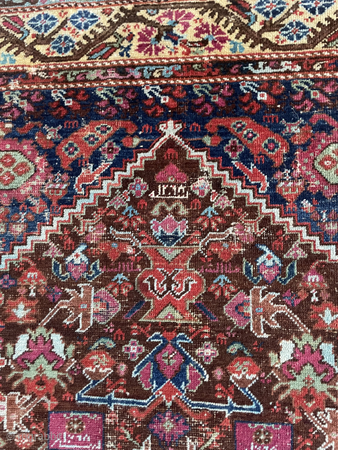 4'5" x 5'8" Demirci Kula, recently cleaned, lots of darning and rough spots but still has the look and spirit. A few inscription and date panels. #14152      