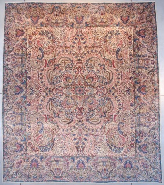  
#7659 Laver Kerman
This circa 1910 Laver Kerman measures 11’6” X 13’5” (356 x 411 cm). It is what used to be called a ‘crowded Kerman’ for obvious reasons. It has a huge  ...
