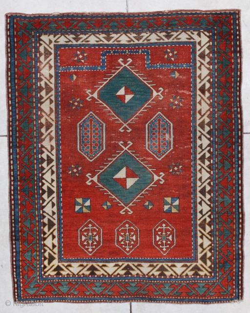 #6876 Borchalo Kazak Antique Caucasian Rug 3’10” X 4’9″
This first half 19th century Borchalo Kazak measures 3’10” X 4’9”. It is a lovely little prayer rug which has a tomato red field  ...