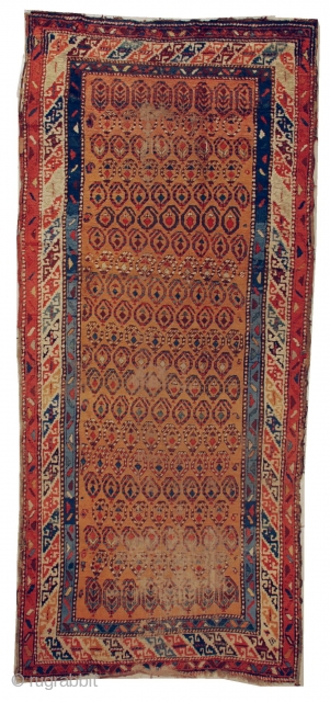 #6629 Ancient Kazak

 This old Kazak antique rug measures 4'1" X 9'6". It is probably first quarter 19th century, if not older. It shows wear commensurate with it's age. The buyer pays  ...