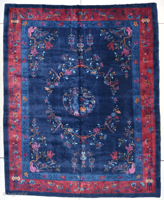 Antique Peking Chinese Rug 9’3″ x 11’4″ #7723 This Peking Chinese antique Oriental Rug measures 9’3” x 11’4” (283 x 347 cm). It has a dark blue field with a center medallion ...