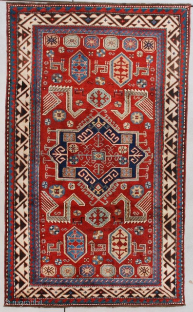 This circa 1870 Borchalou Kazak #7623 with Akstava motif measures 4’1” x 6’8” (125 x 207 cm). This is one of a kind. a Borchalou Kazak with an Akstava Design! It has  ...
