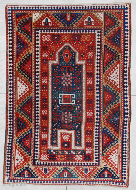 
This circa 1860 antique Caucasian Borchalou Kazak rug measures 5’4” X 7”. It is a nice big Kazak and the only prayer Borchalou I have ever seen. The prayer design is in  ...