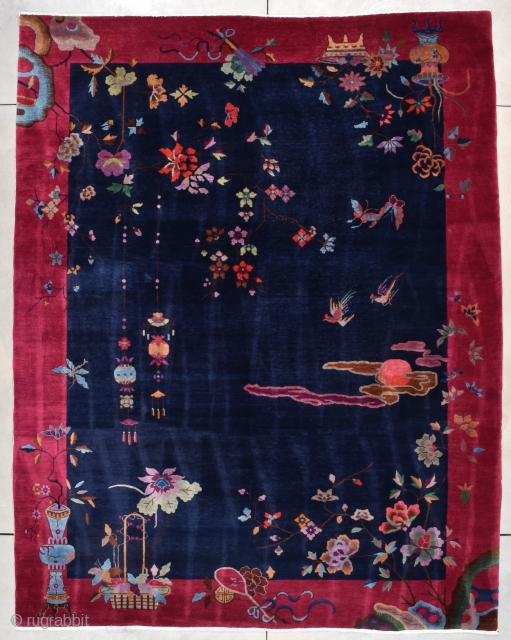 Art Deco Chinese Oriental Rug #7856

This circa 1920 Art Deco Chinese Oriental rug measures 9’2” X 11’5”. It has a dark blue field with a fantastic design. There is a four legged  ...