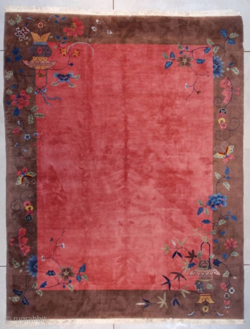 #7401 Antique Art Deco Chinese Rug
This circa 1925 Art Deco Chinese rug measures 8’0” x 11’6” (243 x 353 cm). It has a vibrant raspberry colored field with flowering branches in two  ...