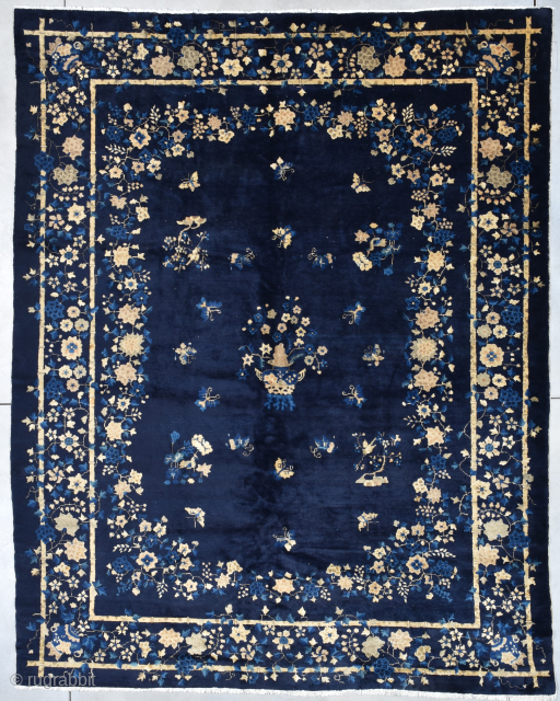 Antique Peking Chinese Oriental Rug 9’2” x 11’7” #7945 This circa 1900 Peking Chinese Oriental rug measures 9’2” x 11’7”. It has a deep indigo background. The motif has a planted pot  ...