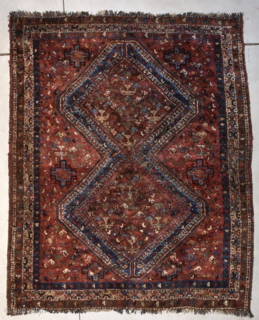 

This circa 1900 Shiraz Persian Oriental Rug #8234 measures 5 ‘3 “ by 6 ‘4 “. This is one of those very full pile Shiraz’s. It has a double medallion in the  ...