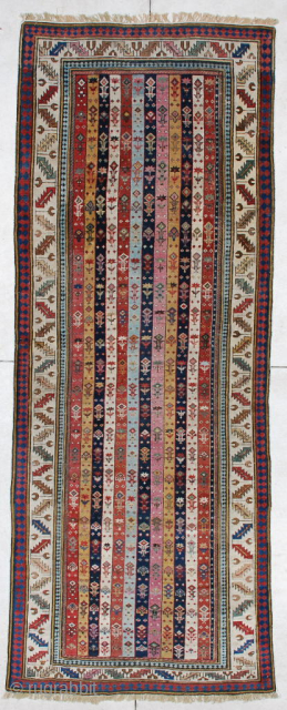 #4177 Shirvan Runner Antique Caucasian Rug 3’7″ X 9’4″
This circa 1850 or older antique Caucasian Shirvan runner measures 3’7” X 9’4”. It has twelve stripes in eleven different colors. This is the  ...