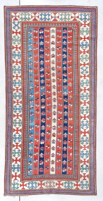 #7372 Kazak Antique Caucasian Rug This circa 1870 Kazak Gendgi measures 3’6” X 7’3” (109 x 222 cm). This is one of my favorite kinds of Gendji , the ‘cane’ design. It  ...