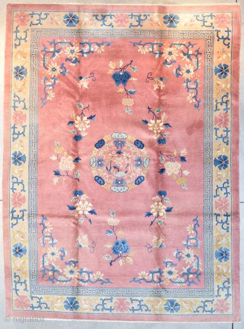 This circa 1930 Art Deco Chinese handmade wool Oriental Rug #8185 measures 8’0” X 10’10”. It has a lovely floral design with sprigs of flowers throughout the field complete with four butterflies  ...