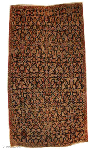 This mid 19th century Karabaugh antique Oriental rug #5454 measures 6’7” X 12’2”. It has a mid 18th century design. It is a modified Herati design where the fish shapes have taken ...