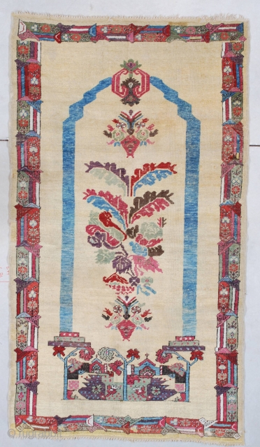 #7520 Antique Ghordez Turkish Rug 
This circa 1850 Ghordez antique Turkish Oriental Rug measures 3’6” X 6’3” (109 x 192 cm). This extremely interesting Ghordez is woven in a coupled column motif  ...