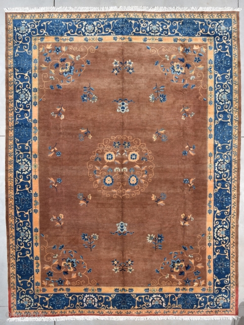 This last quarter 19th century Peking Chinese Oriental Rug measures 10’1 X 13’6” (308 x 515 cm). It has a medium brown field ala milk chocolate and a medallion with four flowers  ...