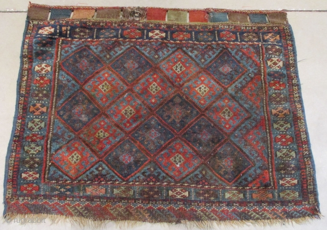 This circa 1870 Jaf Kurd measures 2’6” X 3’2”. It is a bag face with coloration in two or three shades of blue, ivory, pale green, pale blue green and a nice  ...