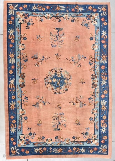 Antique Peking Chinese Oriental Rug  #7924
This circa 1900 Peking Chinese rug measures 7’11” X 11’5”. It has a beautiful peach colored field with a circular floral medallion with two parrots facing  ...