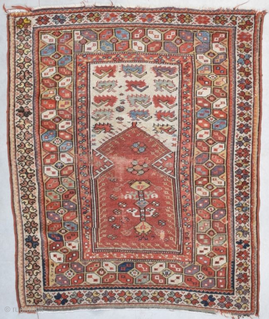 This circa 1875 Melas Turkish Prayer Oriental rug #8158 measures 3’2” X 3’10”. The condition of this rug is ‘as is’. Good for it’s age.  In the center of the prayer  ...