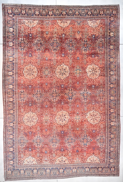 This last ¼ 19th century antique Sarouk Persian Oriental Rug measures 13’6” X 19’3” (411 x 587 cm). This palace sized beauty absolutely has it all! The field is light red separated  ...