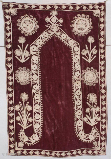 his possibly 18th century Ottoman prayer tapestry #7518 measures 3’7” x 5’5” (112 x 167 cm). The deep maroon velvet with a prayer motif is stitched in metal, possibly silver or washed  ...