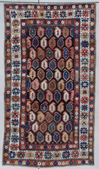 This circa 1890 Caucasian Kazakh #7320
carpet measures 4’4” x 7’6” (134 x 231 CM). It is multicolored on an abrashed brown field with lots of cute little asymmetric surprises in the field.  ...