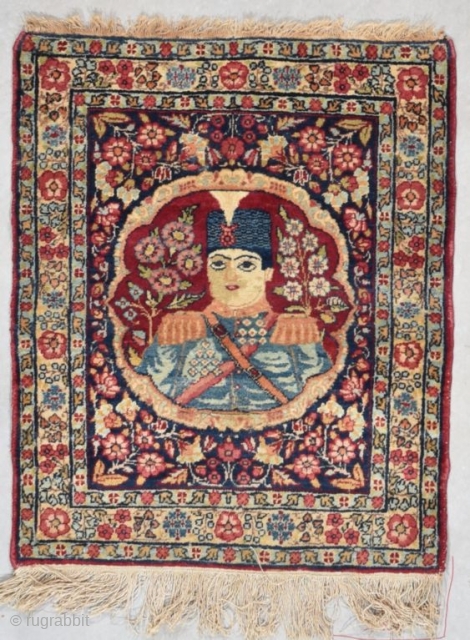 This late 19th century Laver Kerman portrait rug of the Shah of Iran measures 1’10” X 2’3”. It has a circular framed image of one of the Shahs of Iran surrounded by  ...