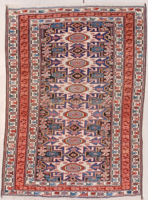 This 4th quarter 19th century Shirvan Lesghi Star Caucasian Oriental Rug #7556 measures 3’3” X 4’6” (100 x 140 cm). It has six Leshgi stars on a black ground. Exactly in the  ...