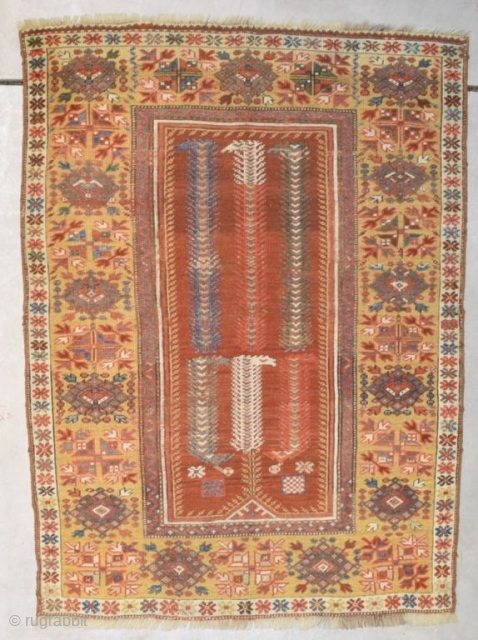 This circa 1850 Melas Turkish antique Oriental Rug #8230 measures 3’ 5” X 4’ 9”. It has a very unique design I have never seen before. The Melas red field has a  ...