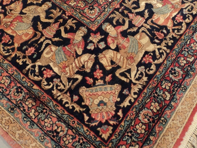 This circa 1925 Persian Laver Kerman antique Oriental rug measures 11’6” X 15’10”. This is a very interesting rug. It has a garden design consisting of six rows of squares. Rows 1,  ...