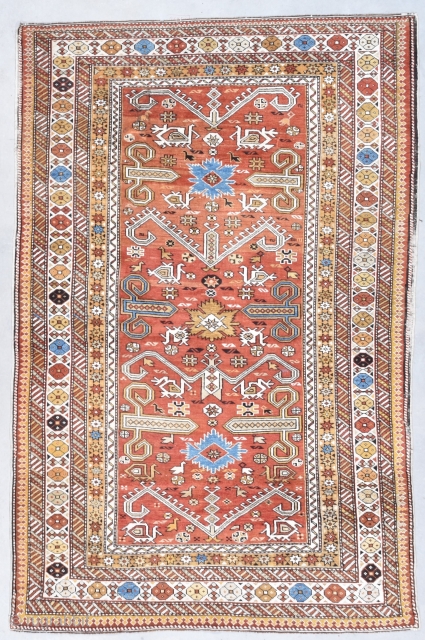 
This circa 1880 Caucasian Prepedil Kuba Oriental rug #7994 measures 4’0” X 6’3”. The rust red field has a design of stylized birds in ivory, blue, green, black and tobacco. There are  ...