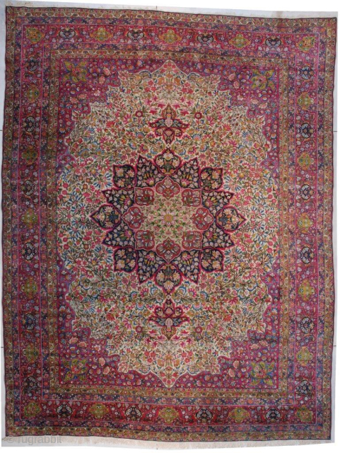 CLASSIC! NEVER OUT OF FASHION. :) #7385 Laver Kerman Persian Antique Rug 12’3″ x 16’0″ https://antiqueorientalrugs.com/product/7385-laver-kerman-persian-antique-rug/