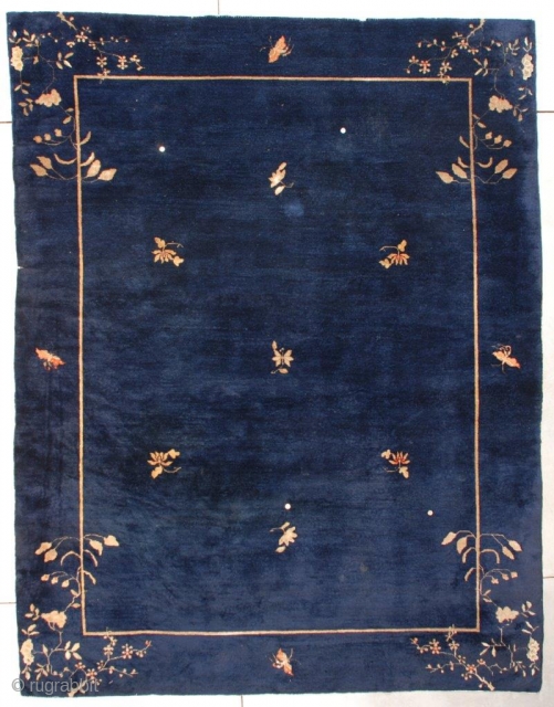 #7610 Antique Peking Chinese Rug 
This last quarter 19th century Peking Chinese rug measures 8’10” x 11’6“ (272 x 353 cm). The rug is a deep blue without being navy. It is  ...