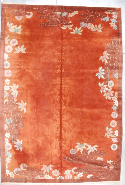 #7145 Antique Art Deco Chinese Rug 12’0″ X 17’8″
This circa 1925 Art Deco Chinese rug measures 12’0” X 17’8”. It has an orange autumn leaf colored background with an open center surrounded  ...