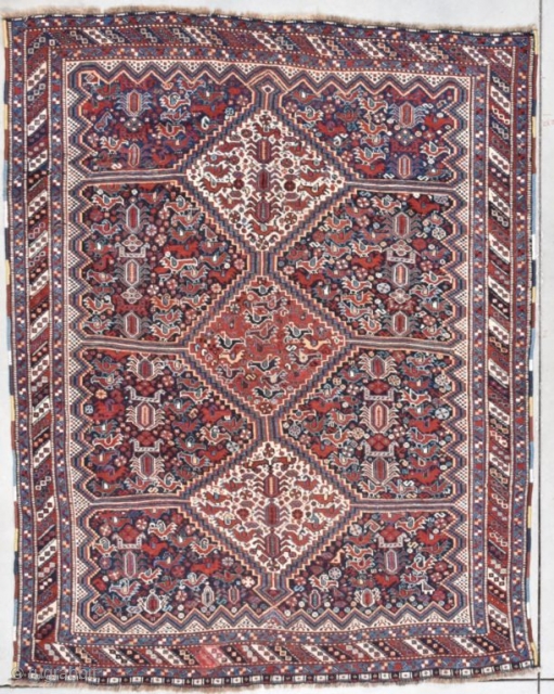 This circa 1900 Quashki Oriental rug #8099 aka Chicken rug measures 5’0” X 6’7”. It has three medallions. The center medallion is tomato red and flanked by two ivory medallions on a  ...