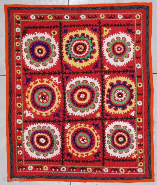 #7123 Suzanni Uzbek Suzanni
This mid 20th century  hand embroidered on cotton Uzbek Suzanni measures 5'4" x 6'6”.  It is in excellent condition.
http://www.antiqueorientalrugs.com/CLOSEUP%20PAGES/7123%20suzanni.htm           