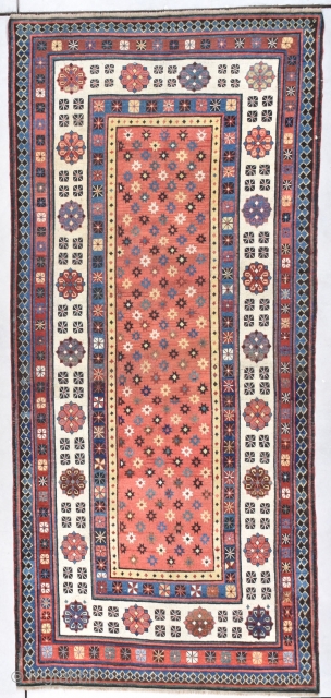 This circa 1860 Talish antique rug measures 3’6” X 7’8” (110 x 238 cm). This is a so called Star Talish for obvious reasons. It has eight pointed stars in navy blue,  ...