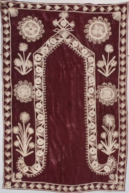 This possibly 18th century Ottoman prayer tapestry #7518 measures 3’7” X 5’5” (112 x 167 cm). The deep maroon velvet with a prayer motif is stitched in metal, possibly silver or washed  ...