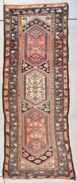 #7678 Antique Kurd Caucasian Runner Rug
This circa 1900 antique Kurd Oriental runner rug measures 3’3” X 9’0” (100 x 274 cm). It has an ivory medallion in the center flanked by two  ...