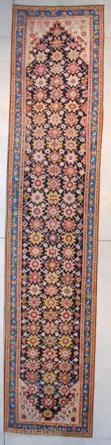 This first half 19th century Karabaugh antique Oriental Rug runner #7628measures 3’5”  X 16’2” ( 106 x 494 cm). It has a really lovely Minekani design. The flowers are done in  ...