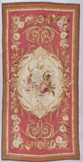 This mid 19th century antique Aubusson tapestry #8033 measures 3’4” X 6’10”. It is in very good condition. Lined and ready to hang.
https://antiqueorientalrugs.com/product/antique-aubusson-tapestry-36-x-610-8033/          